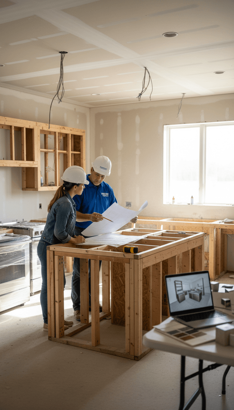 Contractor reviewing renovation plans with a homeowner in a bright kitchen under construction