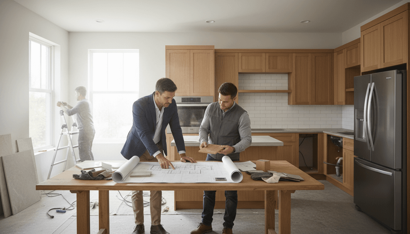 Contractor and homeowner reviewing renovation plans in a bright kitchen