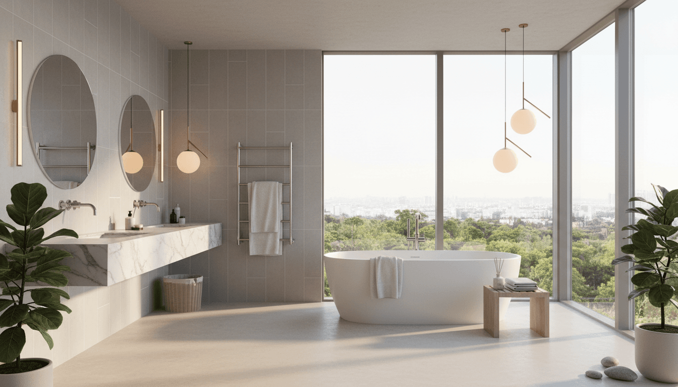 Bright master bathroom with freestanding tub and ceramic tile floor