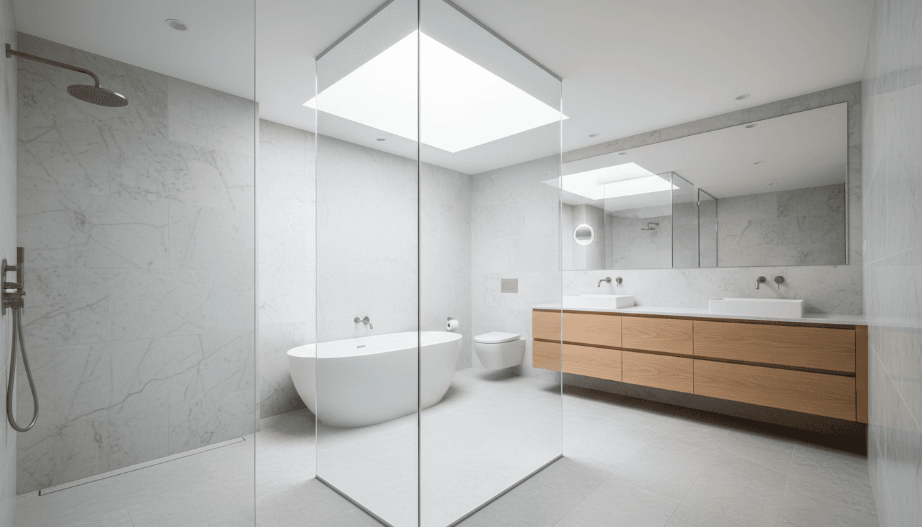 Contemporary bathroom renovation with walk-in glass shower and marble tile